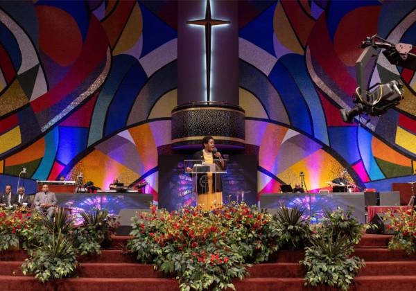 Cal State LA President Berenecea Johnson Eanes attends service at West Angeles Church of God in Christ on Super Sunday to encourage students to pursue higher education.